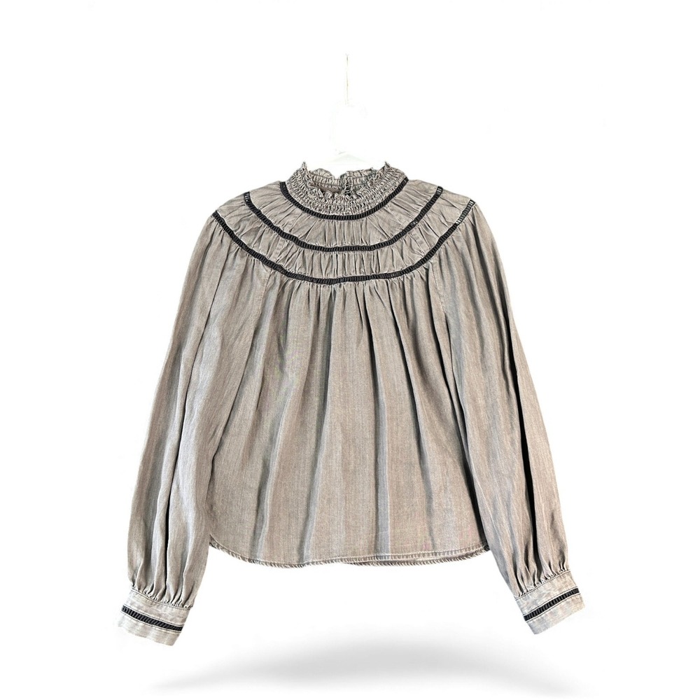 BECCA ETC Gray Button Front Long Sleeve Mock Neck Blouse Women's Size M - Picture 3 of 3